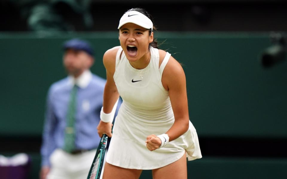 Emma Raducanu reacts during her match against Maria Sakkari on day five of the 2024 Wimbledon Championships at the All England Lawn Tennis and Croquet Club, London