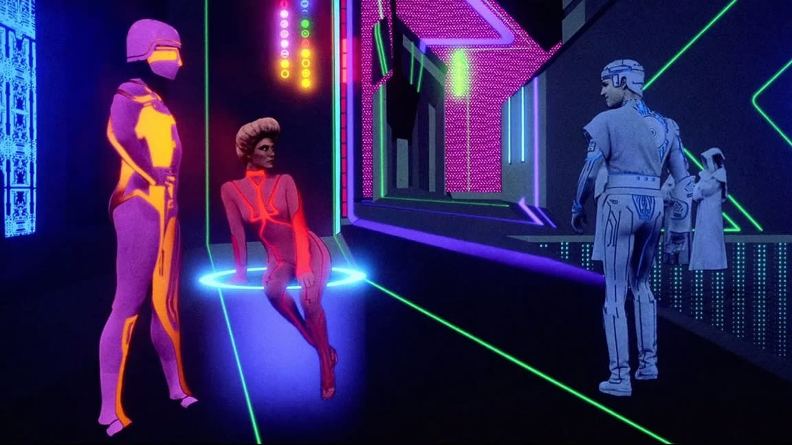  Best CGI movies of the 80s; a neon street in the film Tron. 