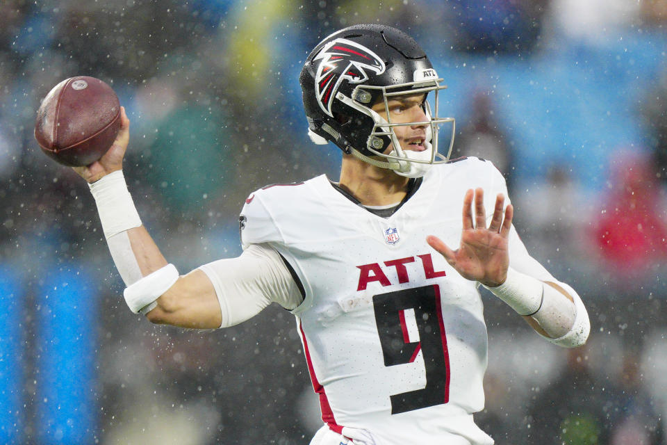 Atlanta Falcons quarterback Desmond Ridder passes against the Carolina Panthers during the first half of an NFL football game Sunday, Dec. 17, 2023, in Charlotte, N.C. (AP Photo/Jacob Kupferman)