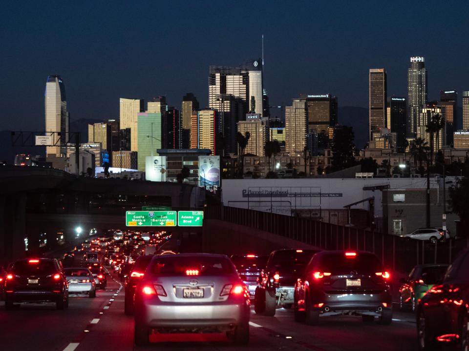 Traffic moves along the 110 Freeway in Los Angeles, Tuesday, Nov. 22, 2022.