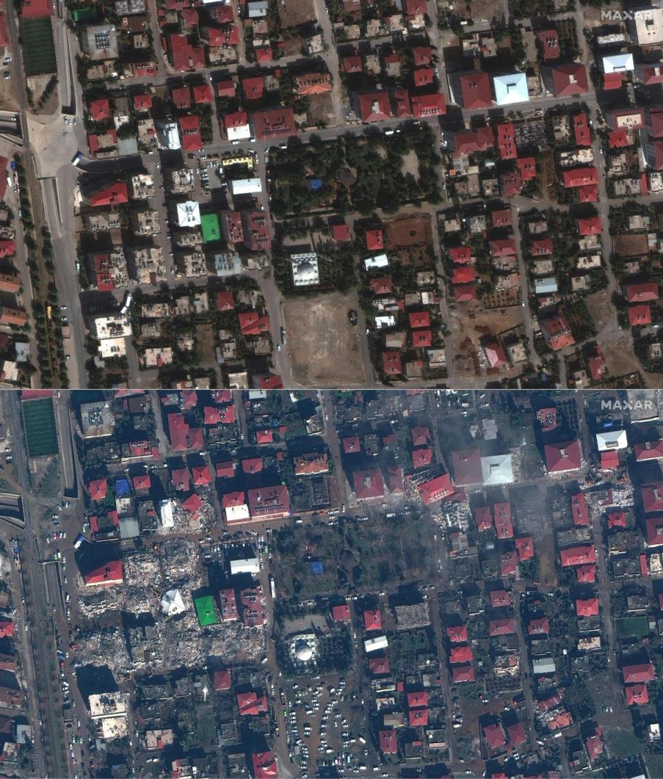 Before (top) and after (bottom) satellite images show Islahiye in southeastern Turkey (Maxar/AFP/Getty)