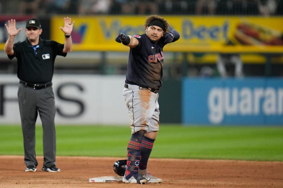 Josh Naylor celebrates toward the Guardians dugout after hitting a seventh-inning RBI double against the White Sox, Thursday, July 27, 2023, in Chicago.