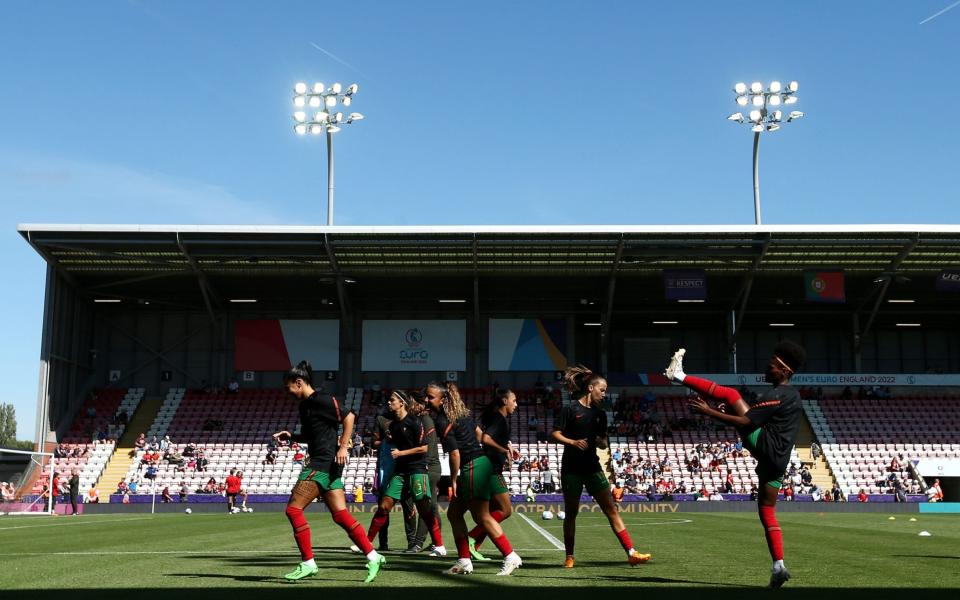 LEIGH, ENGLAND - JULY 09: Portugal players warm up prior to the UEFA Women's Euro 2022 group C match between Portugal and Switzerland at Leigh Sports Village on July 09, 2022 in Leigh, England - Jan Kruger/UEFA