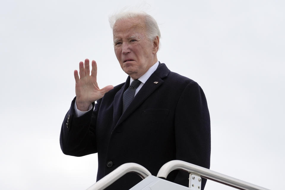 President Joe Biden waves as he boards Air Force One after attending a casualty return for Sgt. William Jerome Rivers, 46, of Carrollton, Ga., Sgt. Breonna Alexsondria Moffett, 23, of Savannah, Ga., and Sgt. Kennedy Ladon Sanders, 24, of Waycross, Ga., at Dover Air Force Base, Del., Friday, Feb. 2, 2024. The three were killed in a drone attack in Jordan on Jan. 28. (AP Photo/Alex Brandon)