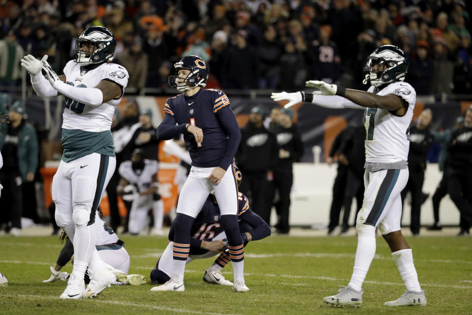 Chicago Bears kicker Cody Parkey (1) watches as he misses a field goal in the final minute during the second half of an NFL wild-card playoff football game against the Philadelphia Eagles Sunday, Jan. 6, 2019, in Chicago. The Eagles won 16-15. (AP Photo/Nam Y. Huh)