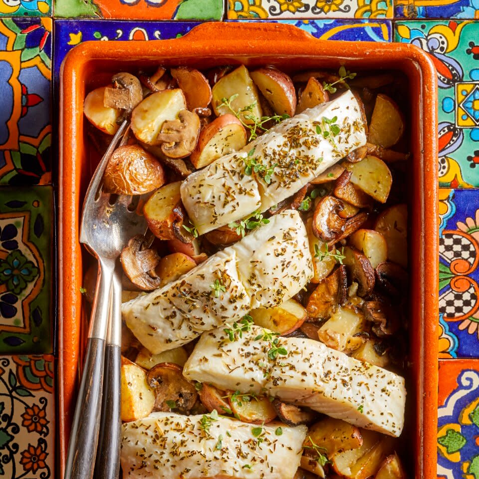 Provençal Baked Fish with Roasted Potatoes & Mushrooms