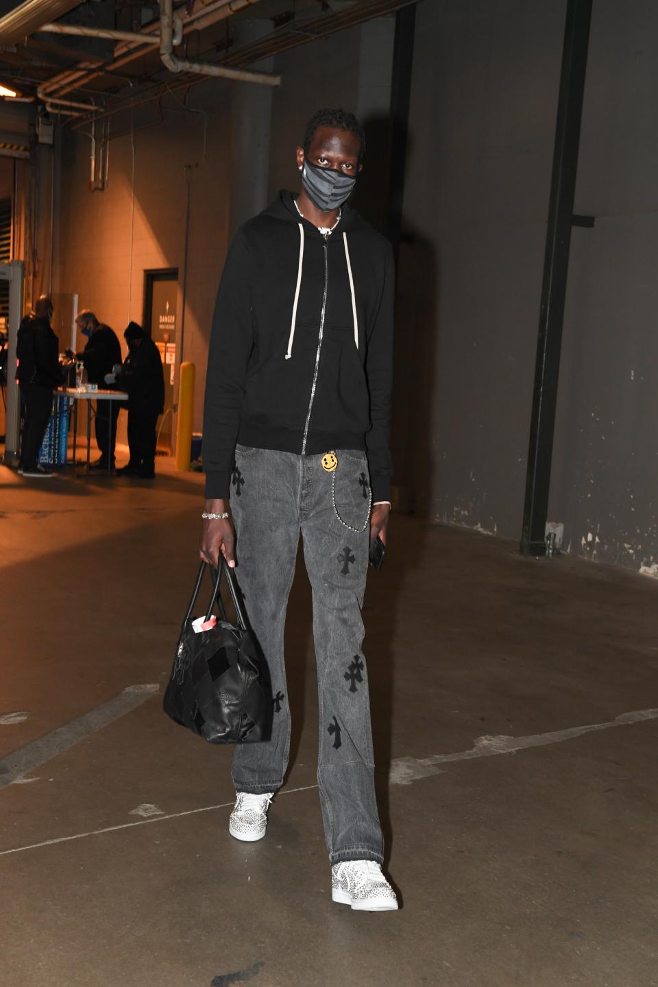 Bol Bol of the Denver Nuggets arrives for a game against the Los Angeles Clippers in Denver, December 25, 2020.