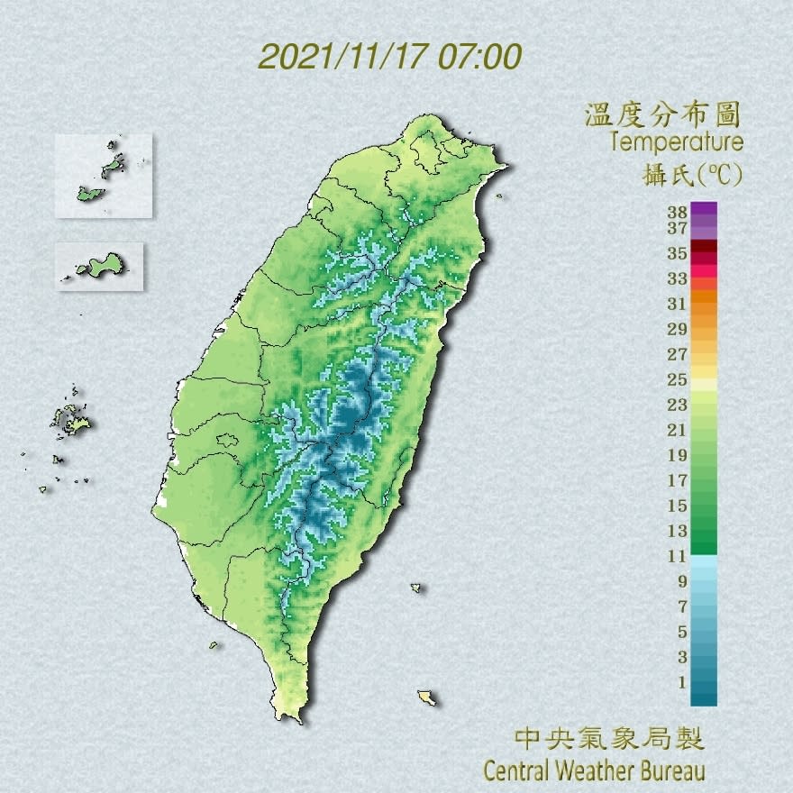 今日溫度分布圖。（圖／中央氣象局）