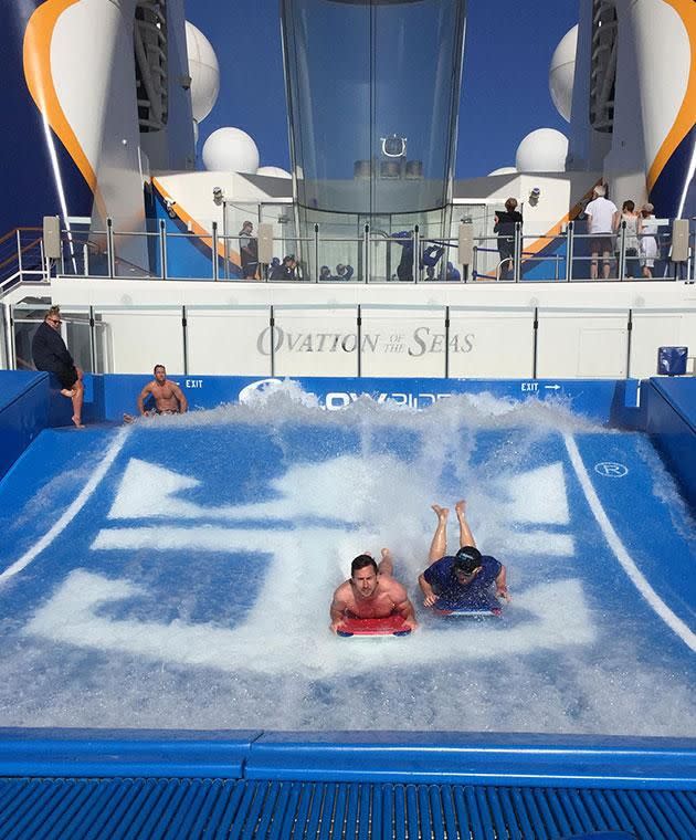 Testing out the FlowRider is fun... but be prepared to take a few spills in the process. Photo: Be