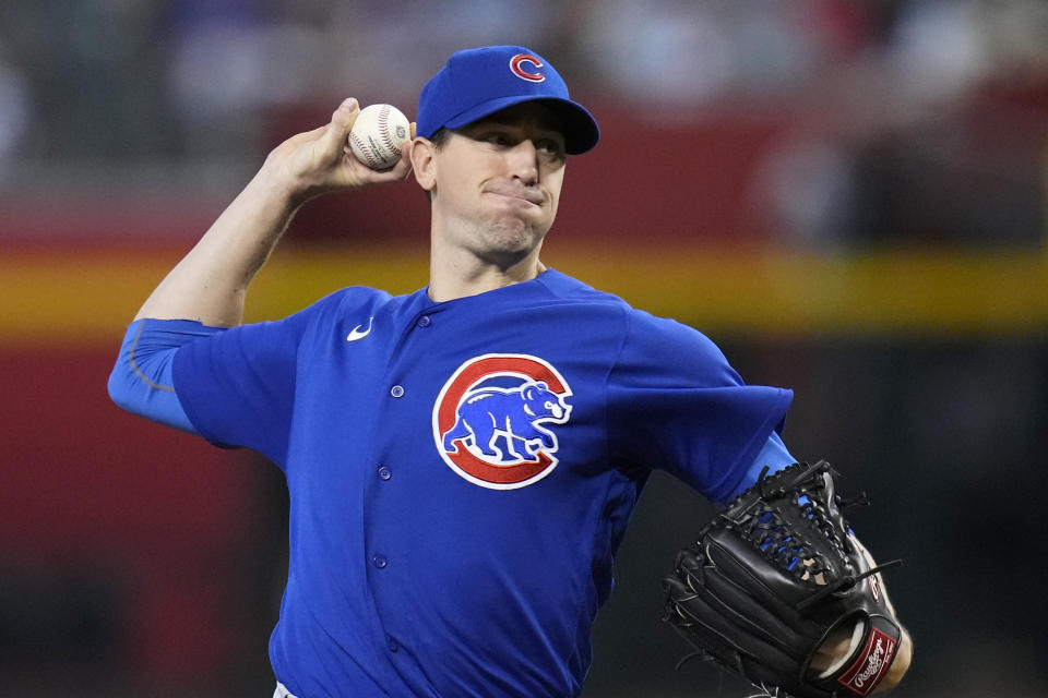 Chicago Cubs starting pitcher Kyle Hendricks throws against the Arizona Diamondbacks during the first inning of a baseball game Saturday, Sept. 16, 2023, in Phoenix. (AP Photo/Ross D. Franklin)