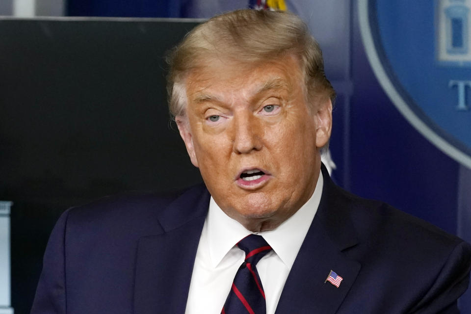 President Donald Trump speaks during a media briefing in the James Brady Briefing Room of the White House, Sunday, Aug. 23, 2020, in Washington.(AP Photo/Alex Brandon)