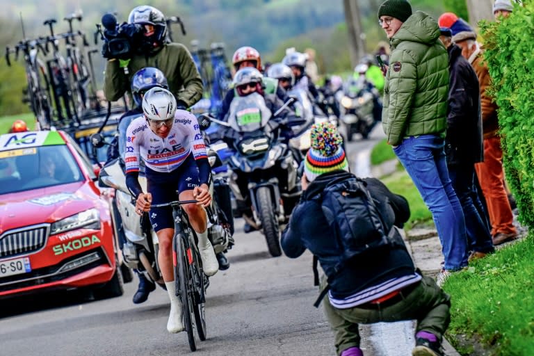 Easy rider: Tadej Pogacar on his way to victory in the Liege-Bastogne-Liege (DIRK WAEM)