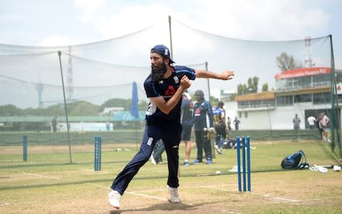 Moeen Ali of England bowls during a nets session at P Sara Oval on October 3, 2018 in Colombo - Credit: Gareth Copley/Getty Images