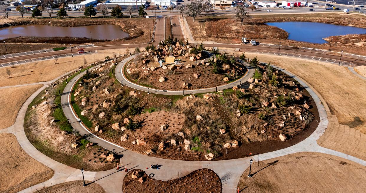 This aerial view shows crews working on Tepeyac Hill at the Blessed Stanley Rother Shrine in south Oklahoma City.