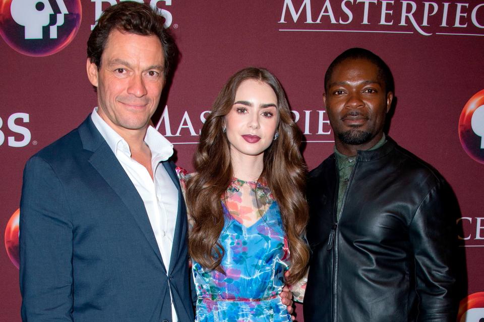 Dominic West, Lily Collins and David Oyelowo attend the photo call for the PBS and BBC One television miniseries <em>Les Misérables</em> in Los Angeles on Saturday.