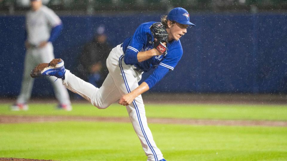 BUFFALO, NY - JULY 16: Toronto Blue Jays Pitcher Ryan Borucki (56) delivers a pitch during the eighth inning of a Major League Baseball game between the Texas Rangers and the Toronto Blue Jays on July 16, 2021, at Sahlen Field in Buffalo, NY. (Photo by Gregory Fisher/Icon Sportswire via Getty Images)