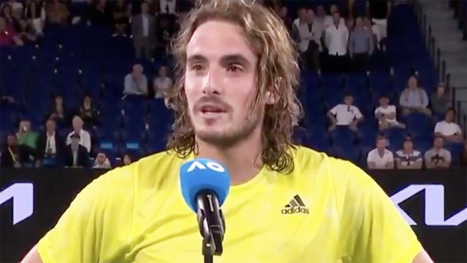 Stefanos Tsitsipas, pictured here during his post-match interview at the Australian Open.