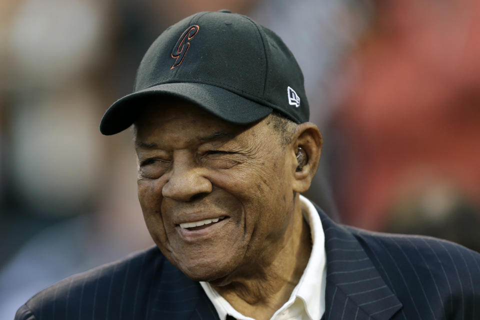 FILE - Baseball legend Willie Mays smiles prior to a game between the New York Mets and the San Francisco Giants in San Francisco, in this Friday, Aug. 19, 2016, file photo. On Thursday, May 6, 2021, Mays turns 90. (AP Photo/Ben Margot, File)