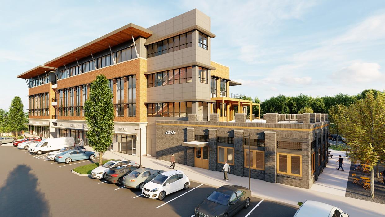 This rendering shows the One Alliance Place facility, which will house a 500-seat event center, a dozen breakout/meeting rooms, a coffee shop, inline retail spaces, office space for the Alliance staff and additional leasable office space.