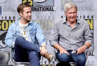<p>Ryan Gosling and Harrison Ford at the Warner Bros. Pictures presentation at Comic-Con on July 22, 2017 in San Diego. (Photo: Kevin Winter/Getty Images) </p>