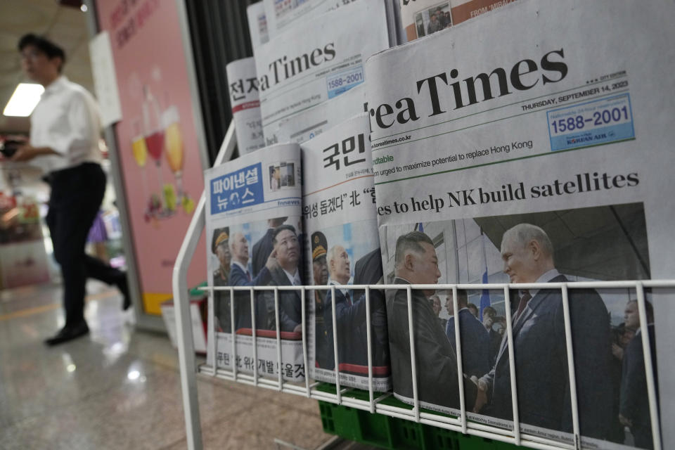 Newspapers reporting a meeting between Russian President Vladimir Putin and North Korea's leader Kim Jong Un are sold at a newsstand at a railway station in Seoul, South Korea, Thursday, Sept. 14, 2023. Kim vowed "full and unconditional support" for Putin on Wednesday as the two leaders isolated by the West held a summit that the U.S. warned could lead to a deal to supply ammunition for Moscow's war in Ukraine. (AP Photo/Ahn Young-joon)