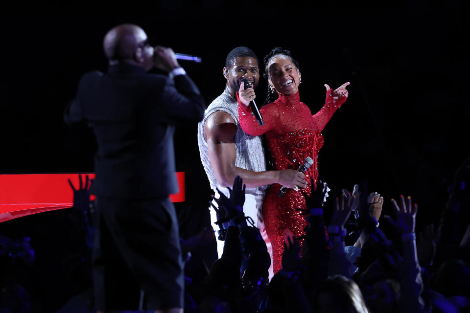 Left to right: Jermaine Dupri, Usher and Alicia Keys perform onstage during the Apple Music Super Bowl LVIII Halftime Show at Allegiant Stadium on February 11, 2024 in Las Vegas, Nevada. / Credit: Getty Images