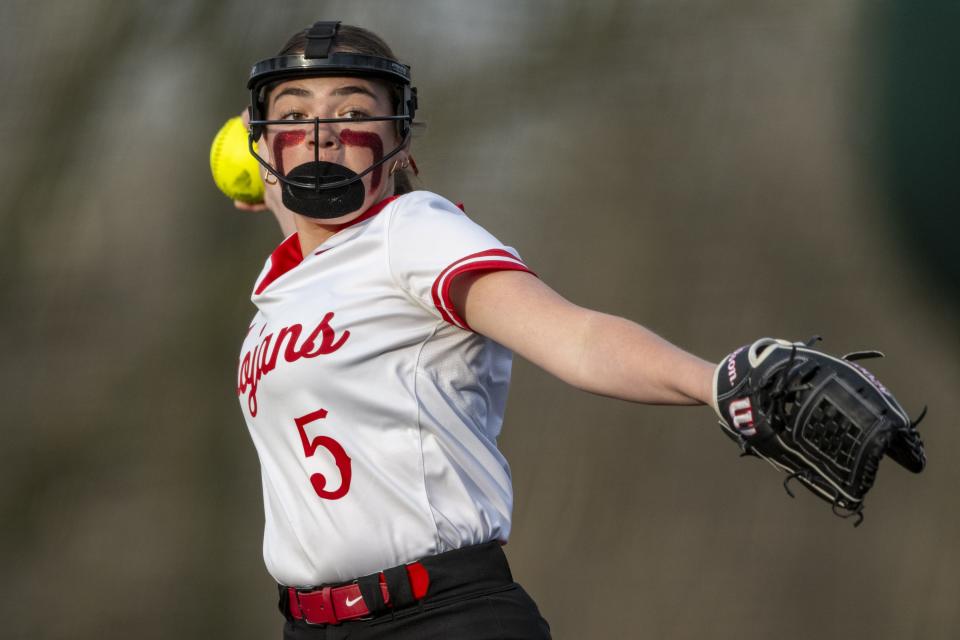 Center Grove High School sophomore Riley Fuhr (5) delivers a pitch during an IHSAA softball game against Pendleton Heights High School, Friday, March 29, 2024. Host Center Grove won, 7-6.