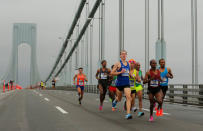 The elite men runners make their way across the Verrazano-Narrows Bridge during the start of the New York City Marathon in New York, U.S., November 5, 2017. REUTERS/Lucas Jackson