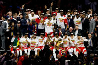 OAKLAND, CALIFORNIA - JUNE 13: The Toronto Raptors pose for a photo after their team defeated the Golden State Warriors to win Game Six of the 2019 NBA Finals at ORACLE Arena on June 13, 2019 in Oakland, California. NOTE TO USER: User expressly acknowledges and agrees that, by downloading and or using this photograph, User is consenting to the terms and conditions of the Getty Images License Agreement. (Photo by Lachlan Cunningham/Getty Images)