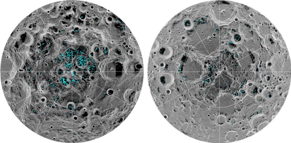two views of the moon's poles, side by side. blotches overlaid on the maps show where water was found by a mapper aboard the chandrayaan-1 spacecraft