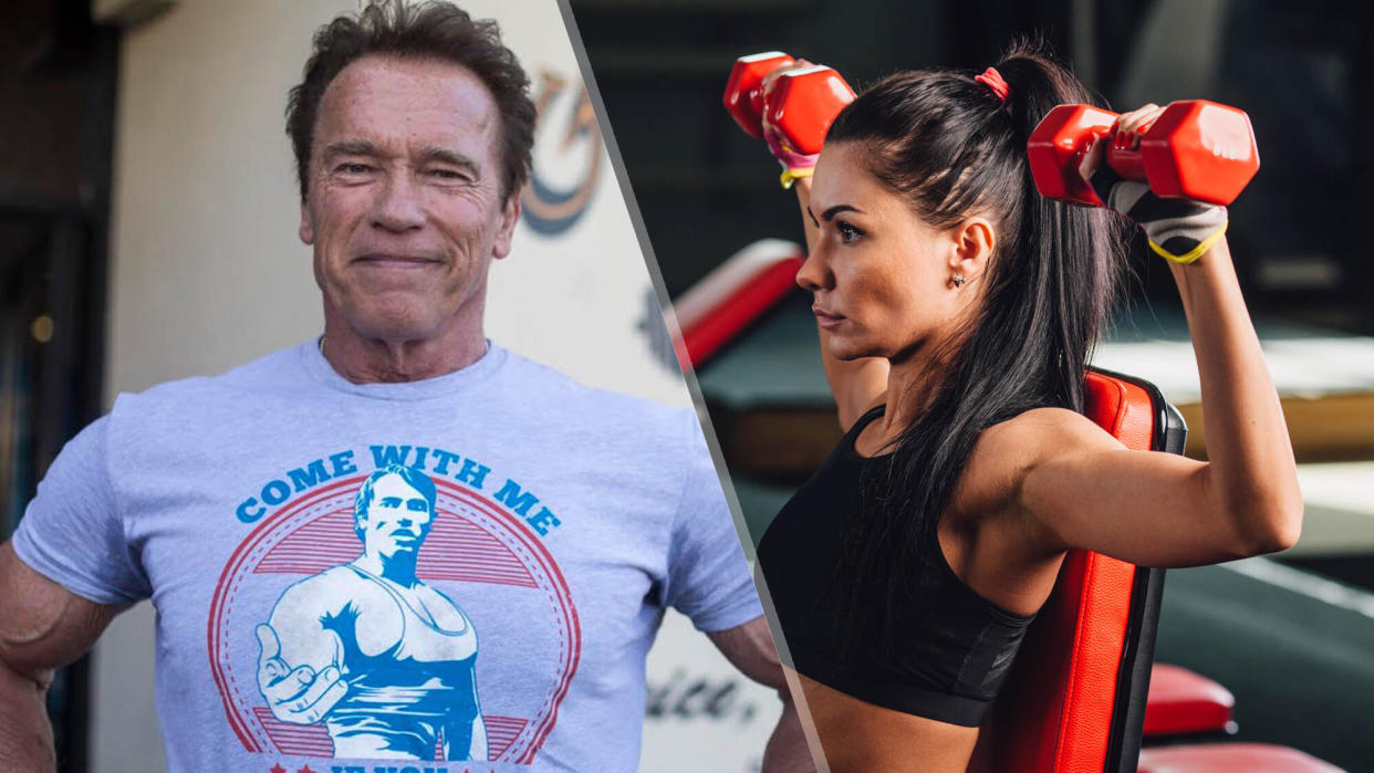  Left image Arnold Schwarzenegger smiling to camera, right image woman performing a seated Arnold press using dumbbells in the gym . 