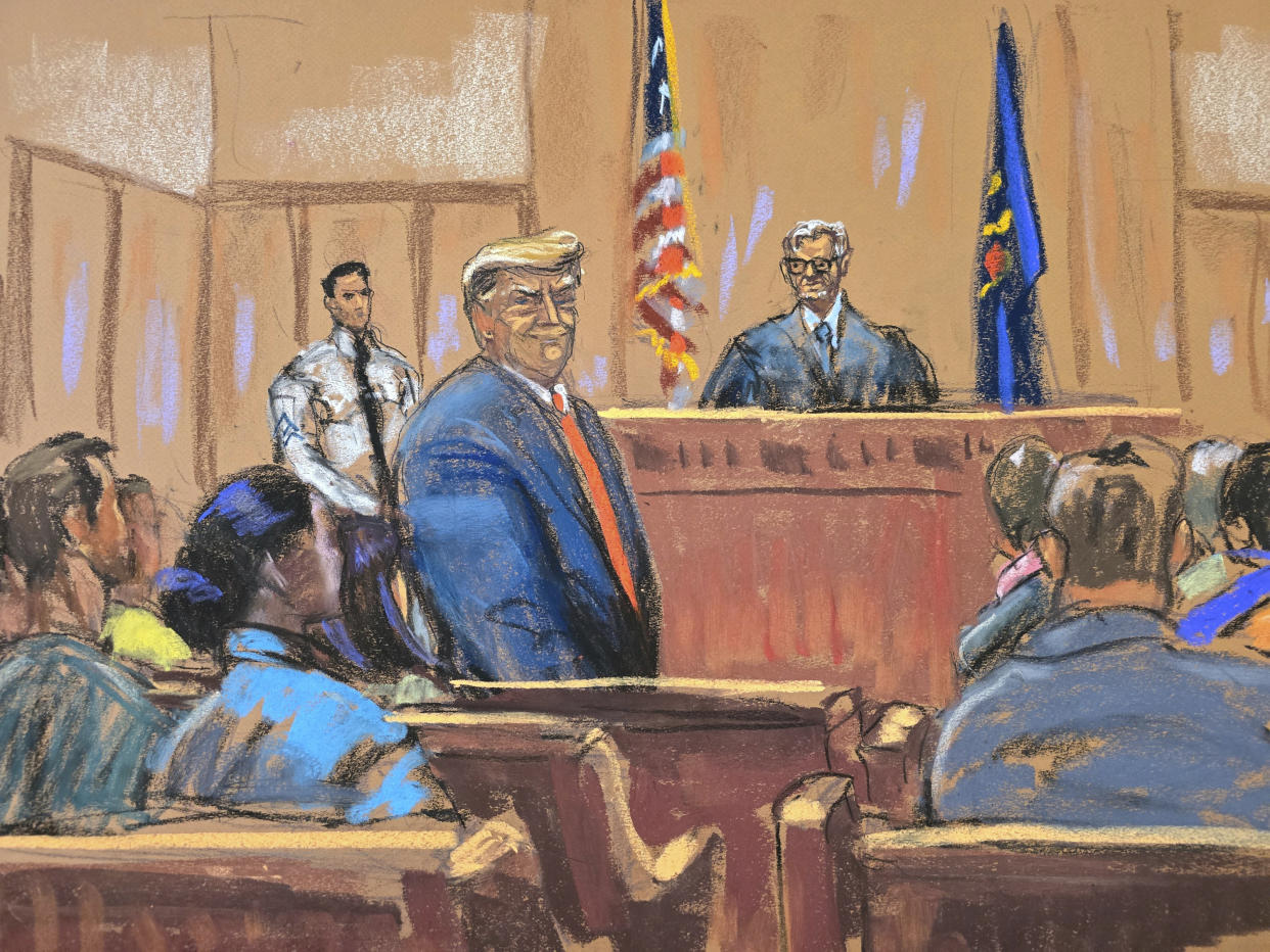 In this courtroom sketch former President Donald Trump smiles at the jury pool as he is introduced to them at the beginning of his trial.