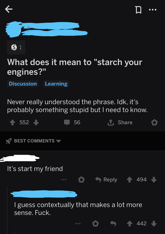 person saying starch your engines instead of start your engines