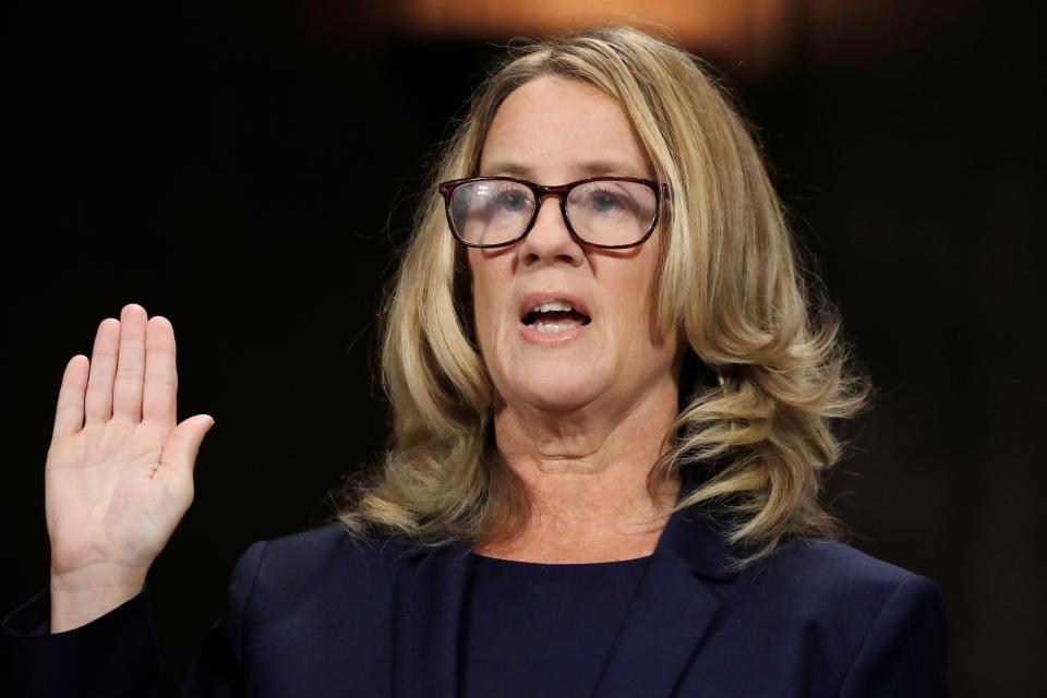 Christine Blasey Ford being sworn in to testify before the Senate Judiciary Committee about her sexual assault allegation against Supreme Court nominee Brett Kavanaugh, Sept. 27 in&nbsp;Washington. (Photo: JIM BOURG via Getty Images)