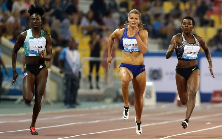 (From L-R) USA's Tori Bowie, the Netherland's Dafne Schippers and Ivory Coast's Murielle Ahoure compete in the 100m women's race at the Diamond League athletics meeting in Doha on May 6, 2016