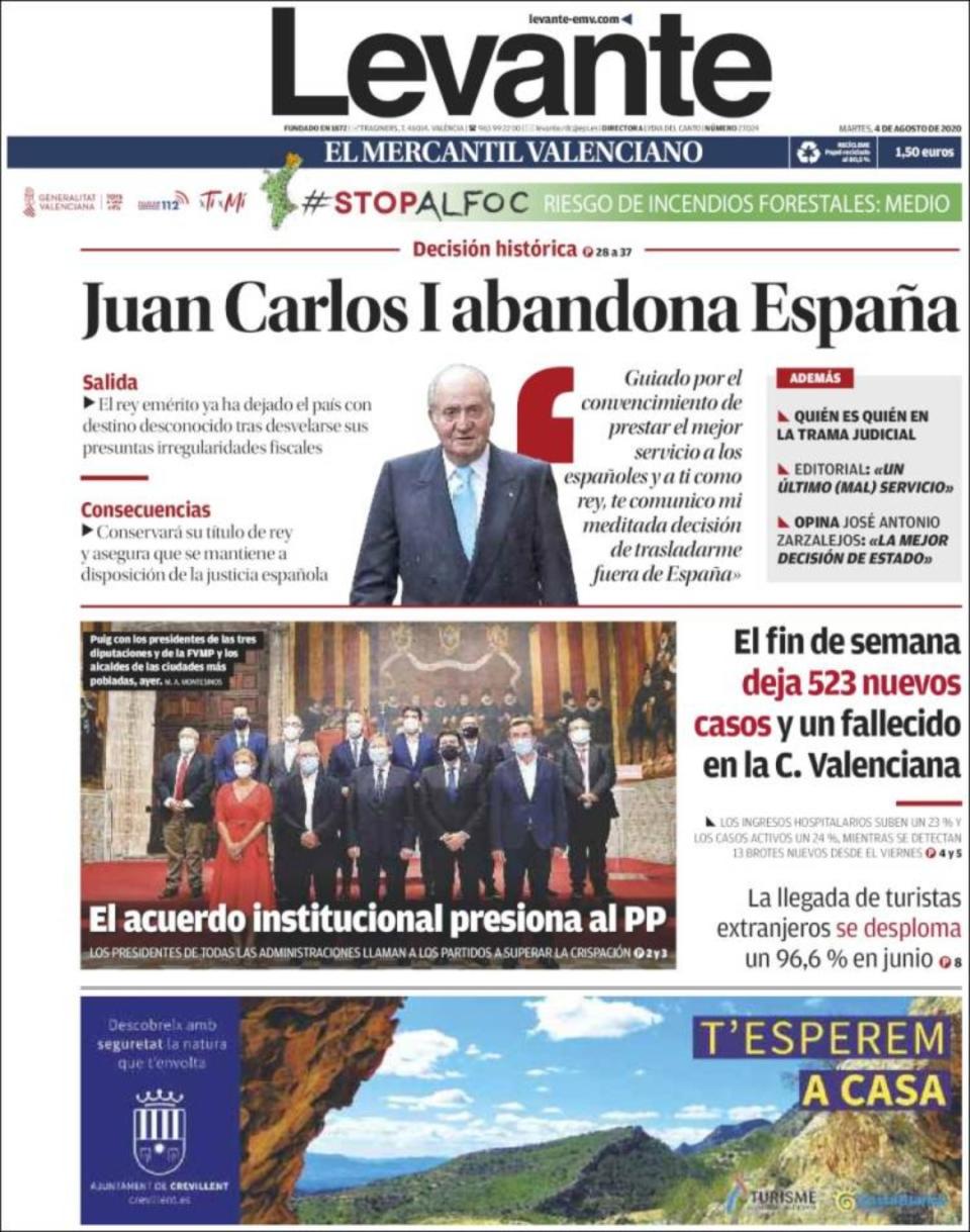 El diario ‘Levante’ habla de decisión histórica y titula: “Juan Carlos I abandona España”. (Foto: <a href="http://www.levante-emv.com/" rel="nofollow noopener" target="_blank" data-ylk="slk:Levante;elm:context_link;itc:0;sec:content-canvas" class="link ">Levante</a>).