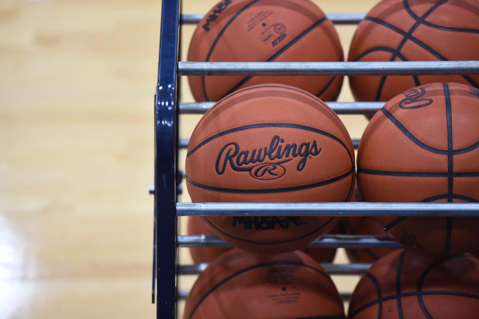 Basketballs sit on a rack in the gymnasium.