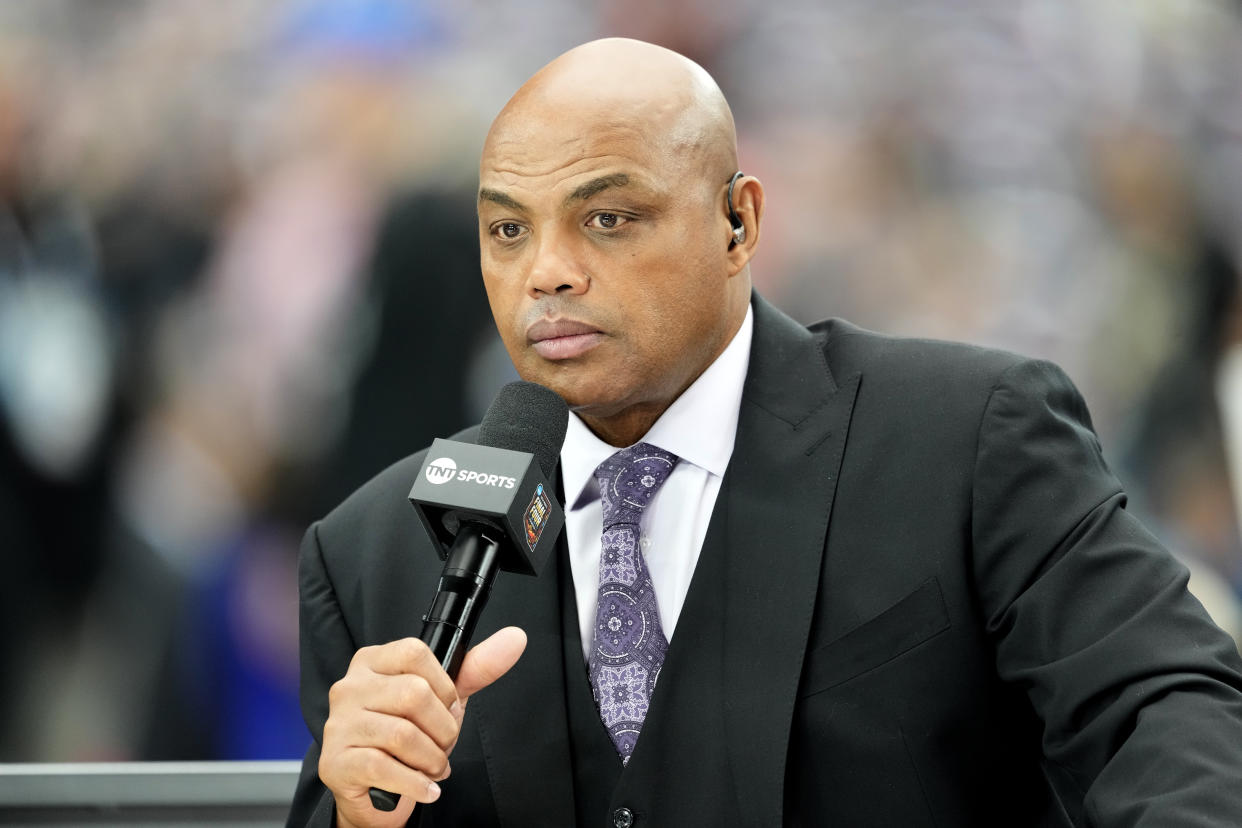 GLENDALE, ARIZONA - APRIL 06: TNT basketball analyst Charles Barkley on air before the NCAA Mens Basketball Tournament Final Four semifinal game between the Purdue Boilermakers and the North Carolina State Wolfpack at State Farm Stadium on April 06, 2024 in Glendale, Arizona. (Photo by Mitchell Layton/Getty Images)