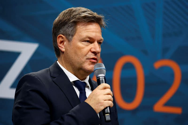 FILE PHOTO: German Economy Minister Habeck addresses the media at a joint statement in Berlin