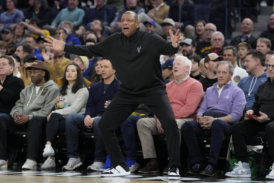 Milwaukee Bucks coach Doc Rivers reacts to an official's call during the first half of the team's NBA basketball game against the Golden State Warriors in San Francisco, Wednesday, March 6, 2024. (AP Photo/Jeff Chiu)