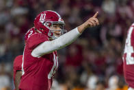 Alabama quarterback Mac Jones signals during the second half of the team's NCAA college football game against Tennessee on Saturday, Oct. 19, 2019, in Tuscaloosa, Ala. (AP Photo/Vasha Hunt)