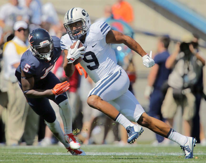 BYU wide receiver Jordan Leslie runs after a catch as BYU and Virginia to play Saturday, Sept. 20, 2014, in Provo.