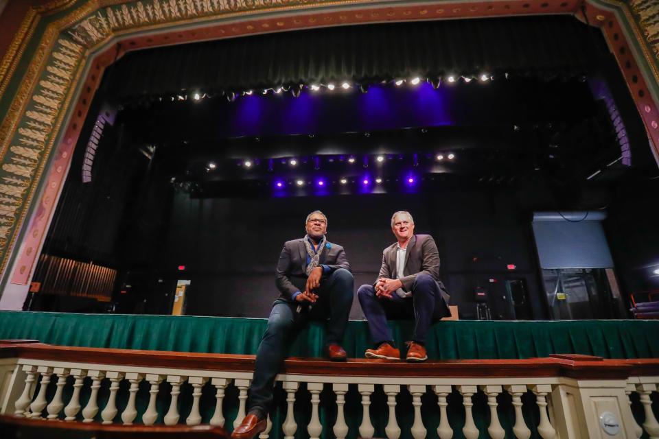 Savannah Music Festival Executive Director Gene Dobbs Bradford and Savannah Music Festival Artistic Director Ryan McMaken on the stage of the Lucas Theatre, one of the many sites for the upcoming Savannah Music Festival.