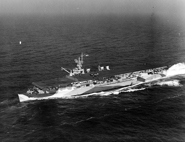 The USS San Jacinto is pictured underway off the U.S. East Coast on Jan. 23, 1944. Lt. Charles W. Wilson of Tecumseh flew F6F Hellcats from the San Jacinto during combat operations in the Pacific Theater of World War II.