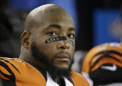 FILE - In this Oct. 5, 2014, file photo, Cincinnati Bengals defensive tackle Devon Still (75) watches the offensive unit perform against the New England Patriots in the second half of an NFL football game in Foxborough, Mass.The Bengals defensive tackle will have his 4-year-old daughter, Leah, watching from a seat at Paul Brown Stadium on Thursday night, Nov. 6, 2014, when Cincinnati (5-2-1) hosts the Cleveland Browns (5-3). The girl is being treated for cancer. (AP Photo/Stephan Savoia, File)