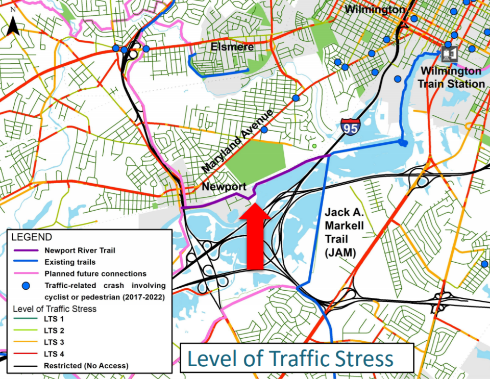 A map indicating levels of traffic stress and highlighting the planned Newport River Trail that would serve as an alternate to Maryland Avenue for bikers and pedestrians.