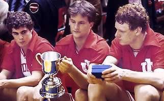 Dan Dakich holds the runner-up trophy for the NIT in 1985, flanked by Hoosier teammates Joe Hillman (left) and Uwe Blab.Larry Crewell | Herald-Times