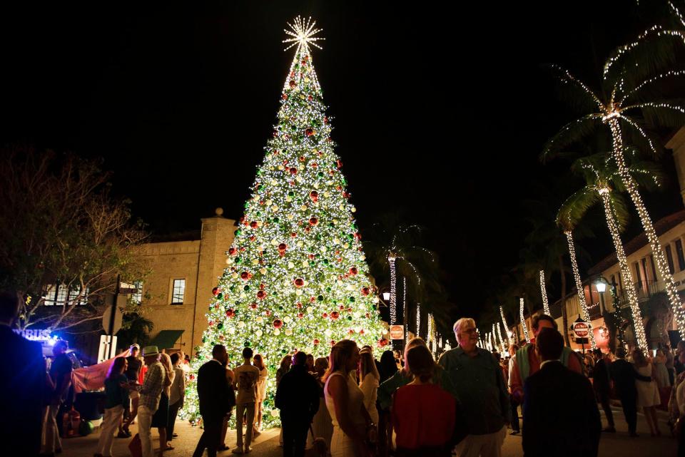 A crowd admires the illuminated tree during the Worth Avenue Christmas Promenade and Tree Lighting at Worth Avenue and Hibiscus Avenue November 29, 2022 in Palm Beach. 