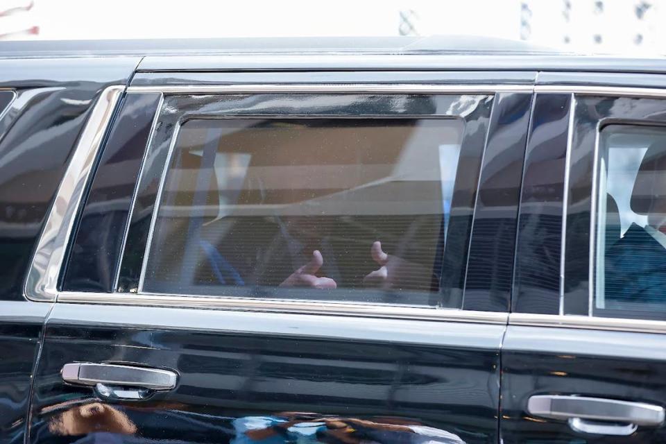 Former President Donald Trump gives thumbs up to supporters after his arraignment at the Wilkie D. Ferguson Jr. U.S. Courthouse, Tuesday, June 13, 2023, in Miami.