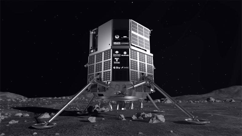 An illustration of Hakuto-R M1 lander on the surface of the Moon.